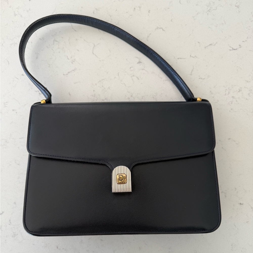 Vintage Dior Leather Handbag Navy Blue Color